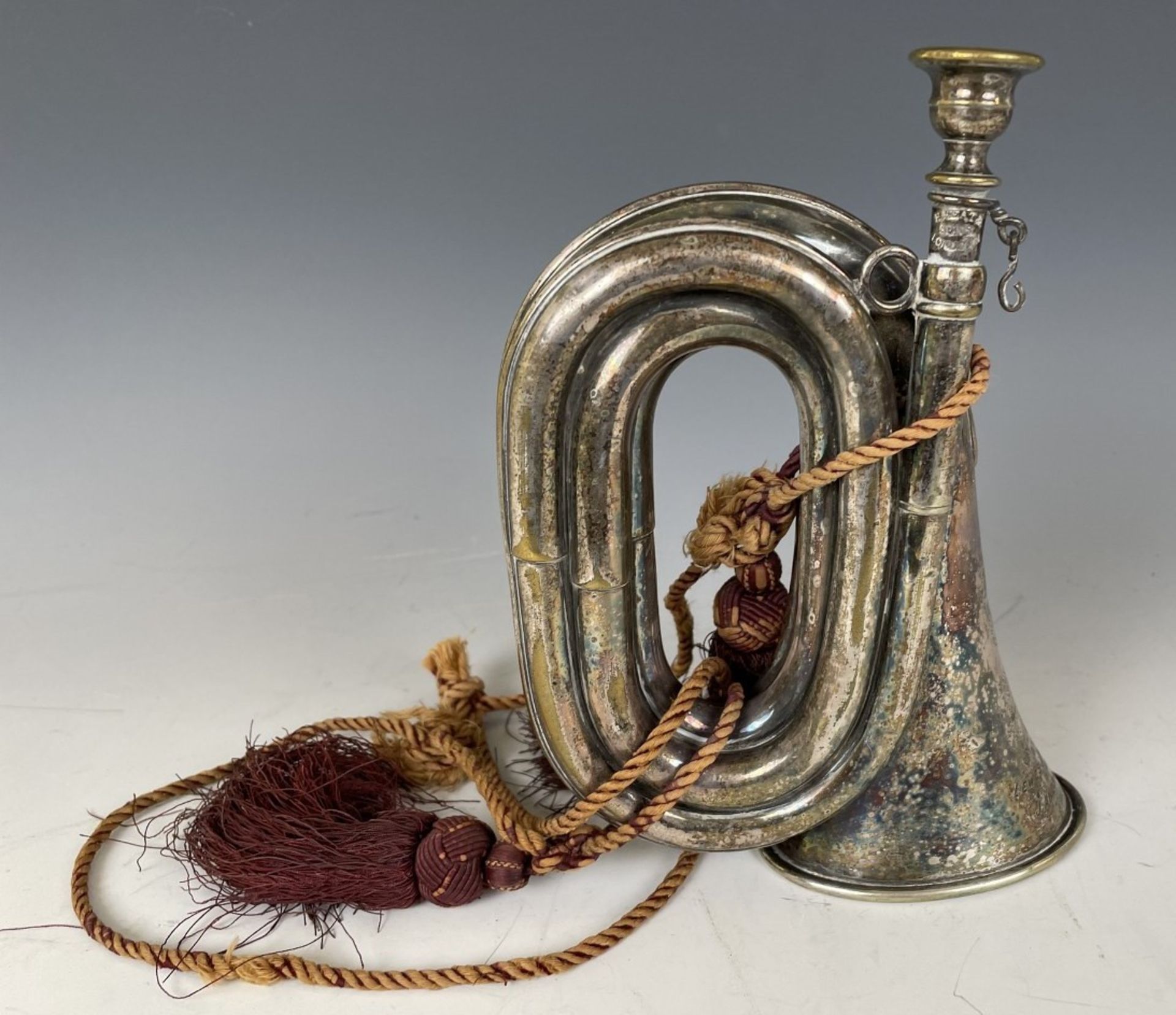 A Victorian silver plated bugle, Henry Keat & Sons, inscribed 'Presented by the Lewes Bicycle - Image 3 of 8