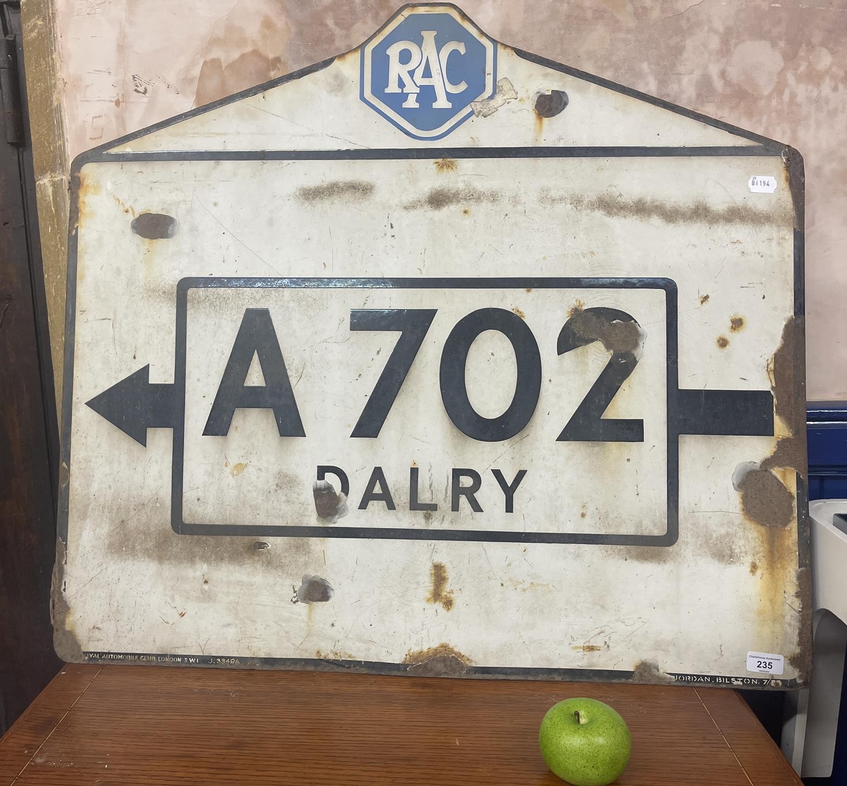 An enamel road sign, RAC A702 Dalry, 78 x 86 cm Some loss and rubbing