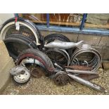 Various motorcycle wheels, rims, exhausts and other items (qty)