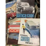 Assorted vehicle brochures, including Ford Consul Cortina Estate Car, Simca 1300, Prinz and Skoda 64