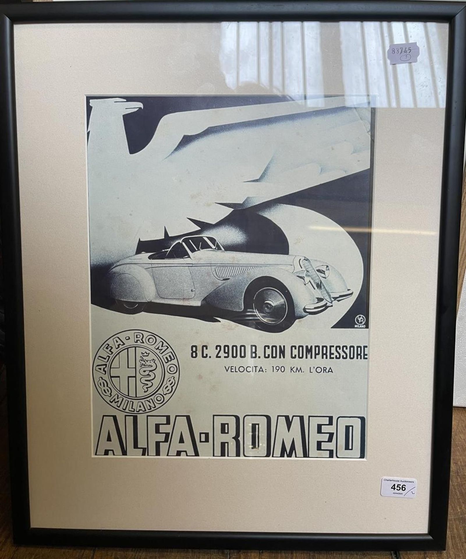 A reproduction Alfa Romeo 8C 2900 B.Con Compressore poster, 38.5 x 30 cm, and another similar (2)
