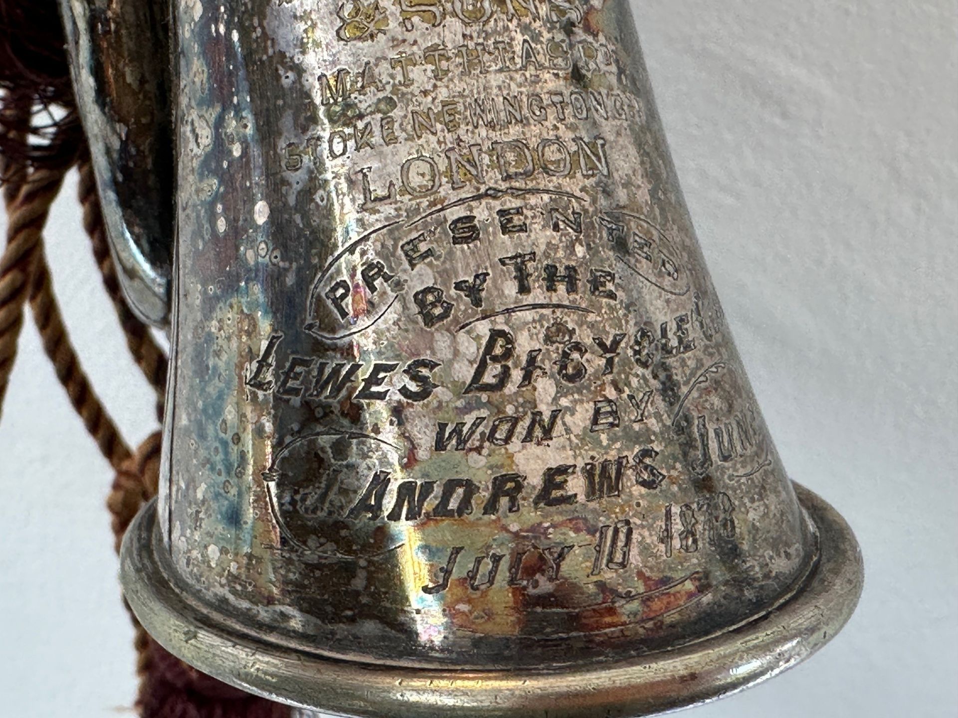 A Victorian silver plated bugle, Henry Keat & Sons, inscribed 'Presented by the Lewes Bicycle - Image 2 of 8