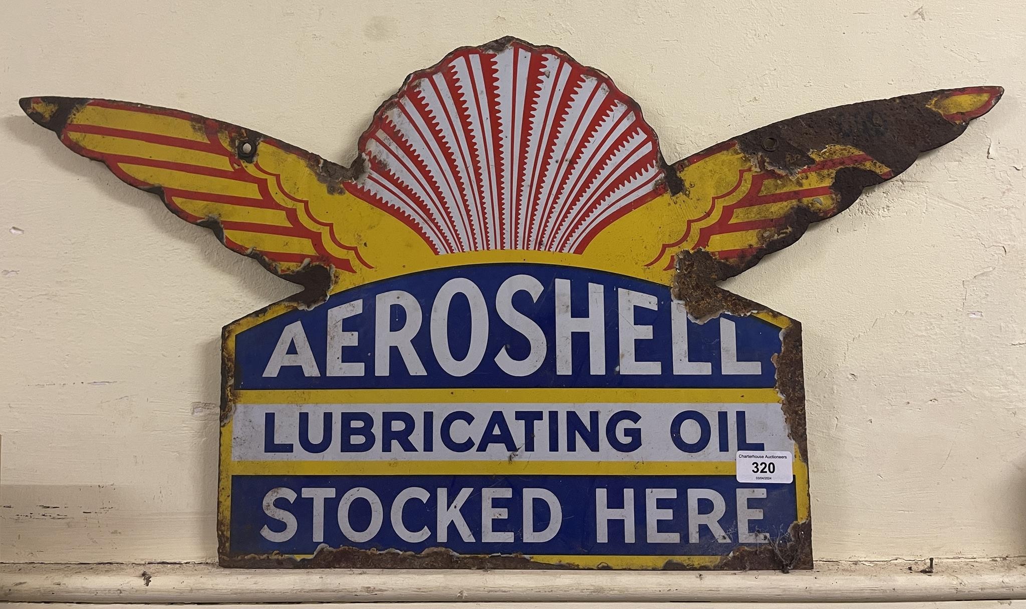 A rare double sided enamel sign, Aeroshell Lubricating Oil Stocked Here, 38 x 72 cm Some loss, one