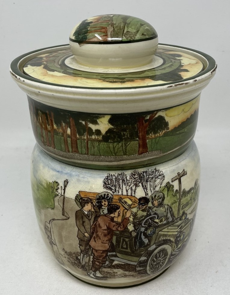 A Royal Doulton Motoring Series Ware cigar jar and lid, large rare size believed one of only two