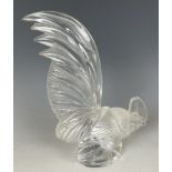 A Lalique clear and frost glass Coq Nain car mascot, signed Lalique France, 20 cm high good