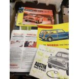 Assorted vehicle brochures, including Austin Mini-Cooper, S Type, Land-Rover, and Austin Se7en,