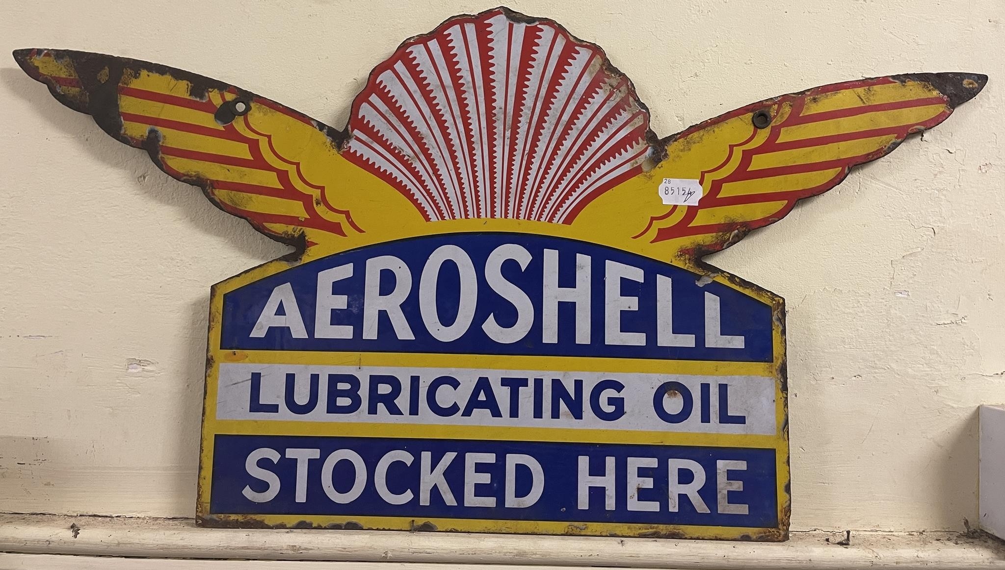 A rare double sided enamel sign, Aeroshell Lubricating Oil Stocked Here, 38 x 72 cm Some loss, one - Image 2 of 2