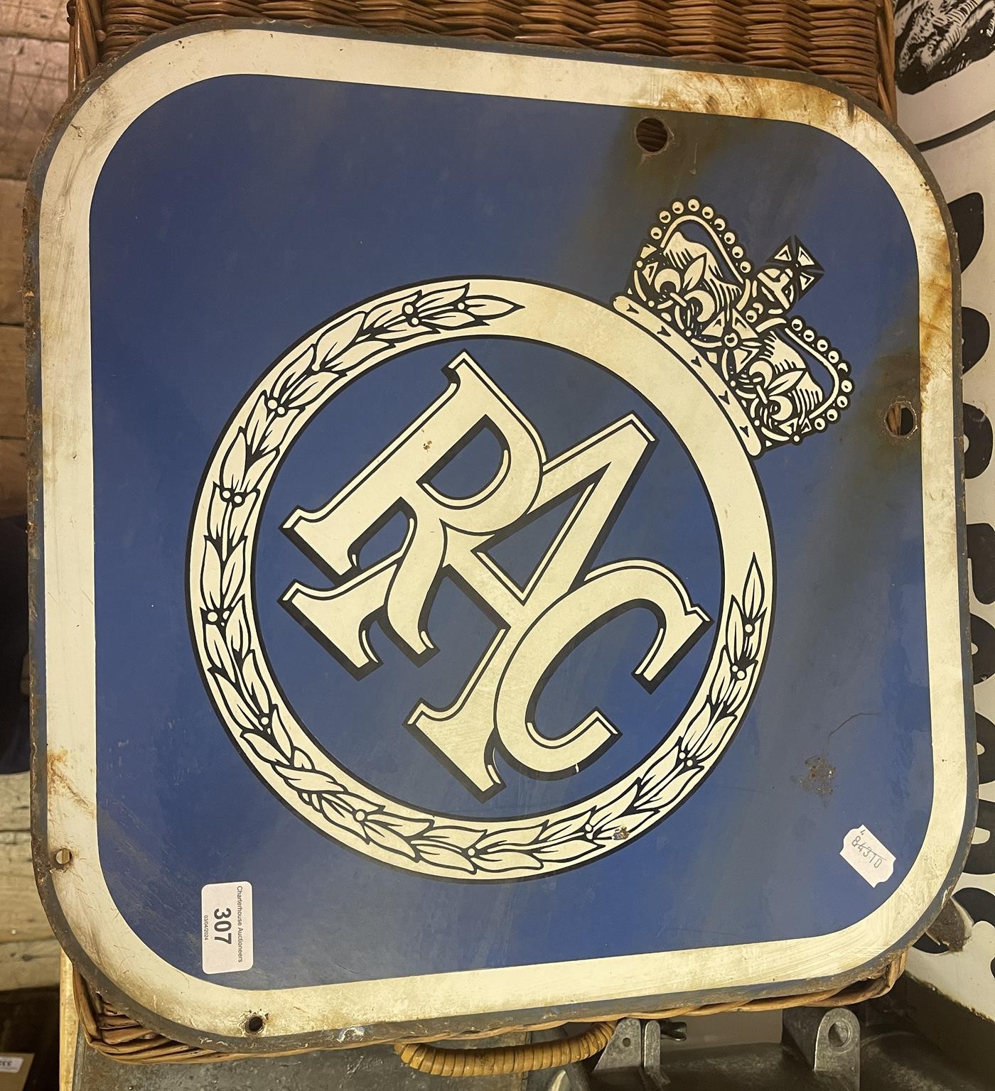 An enamel sign, RAC, of lozenge form, 56.5 x 56.5 cm A little surface rust where it has been hanging - Image 2 of 2