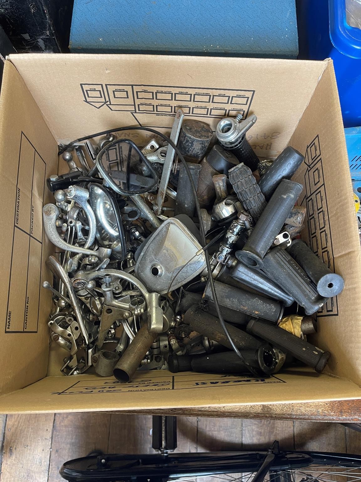 Assorted chrome motorcycle levers and other items (box)