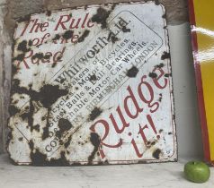 An enamel sign, The Rule of the Road Rudge it! 76 x 76 cm Quite a lot of fading and damage