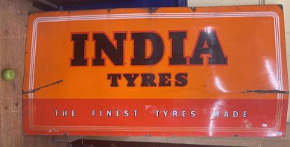 A large enamel sign, India Tyres The Finest Tyres Made, 92.5 x 186 cm A little bent, creased, some