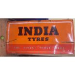 A large enamel sign, India Tyres The Finest Tyres Made, 92.5 x 186 cm A little bent, creased, some