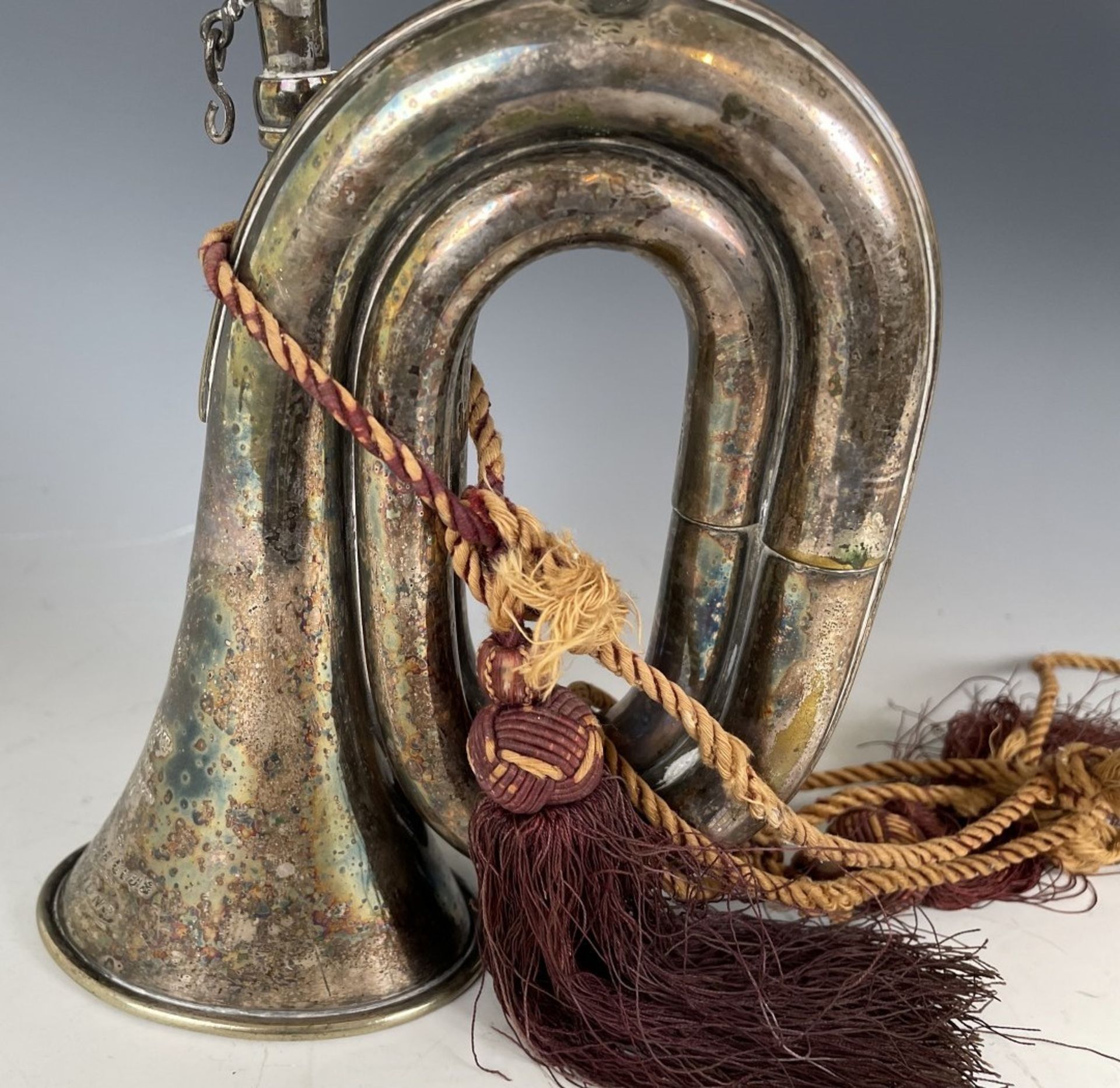 A Victorian silver plated bugle, Henry Keat & Sons, inscribed 'Presented by the Lewes Bicycle - Image 7 of 8