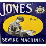 An enamel sign, Busy - Jones Sewing machines, 81 x 86.5 cm generally good, garage stored for 50