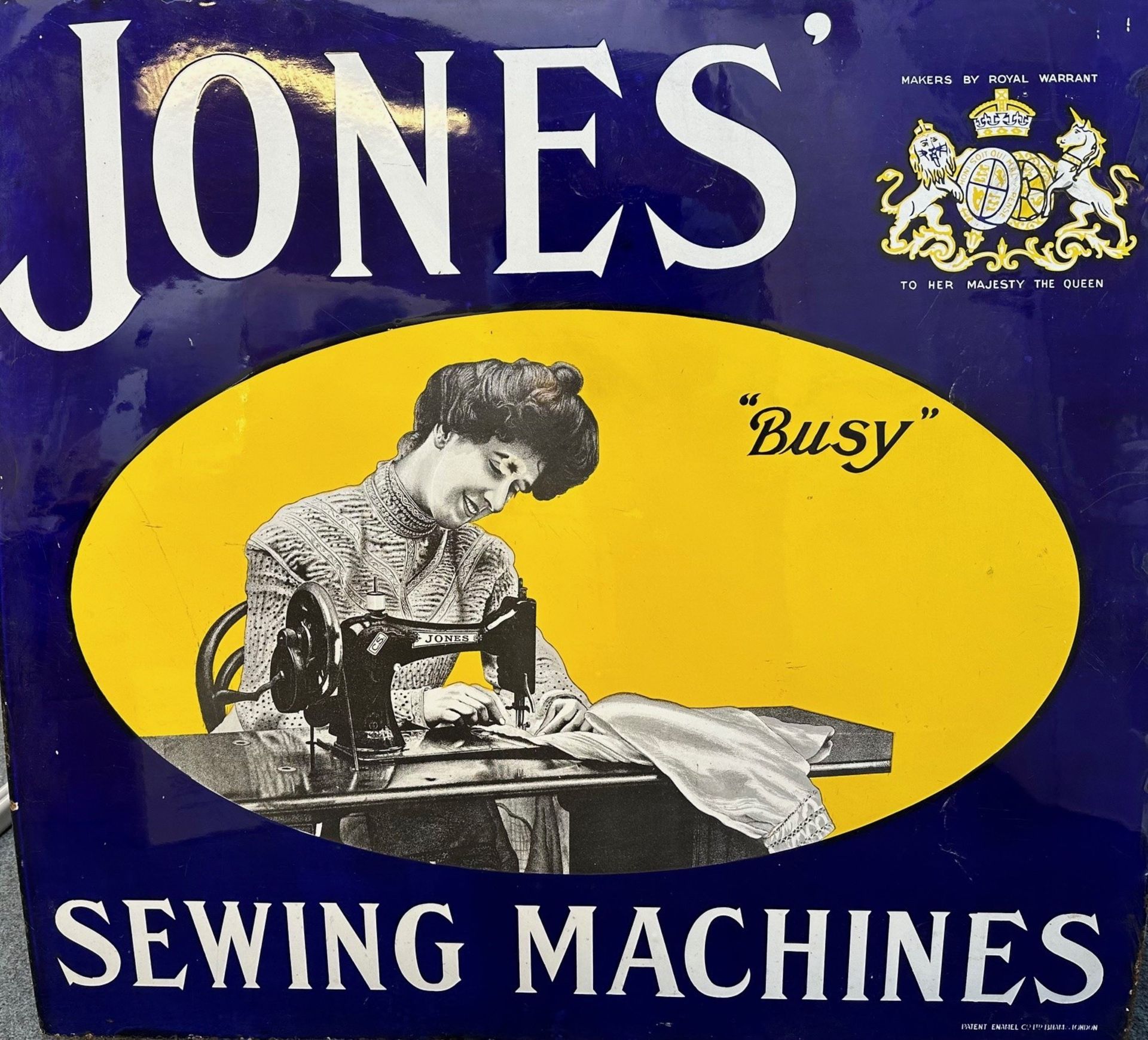 An enamel sign, Busy - Jones Sewing machines, 81 x 86.5 cm generally good, garage stored for 50