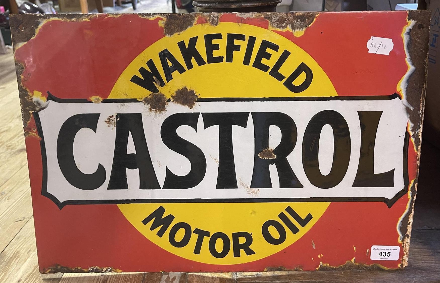 A double sided enamel sign, Wakefield Castrol Motor Oil, Bruton, London W, 34 x 50 cm Some loss