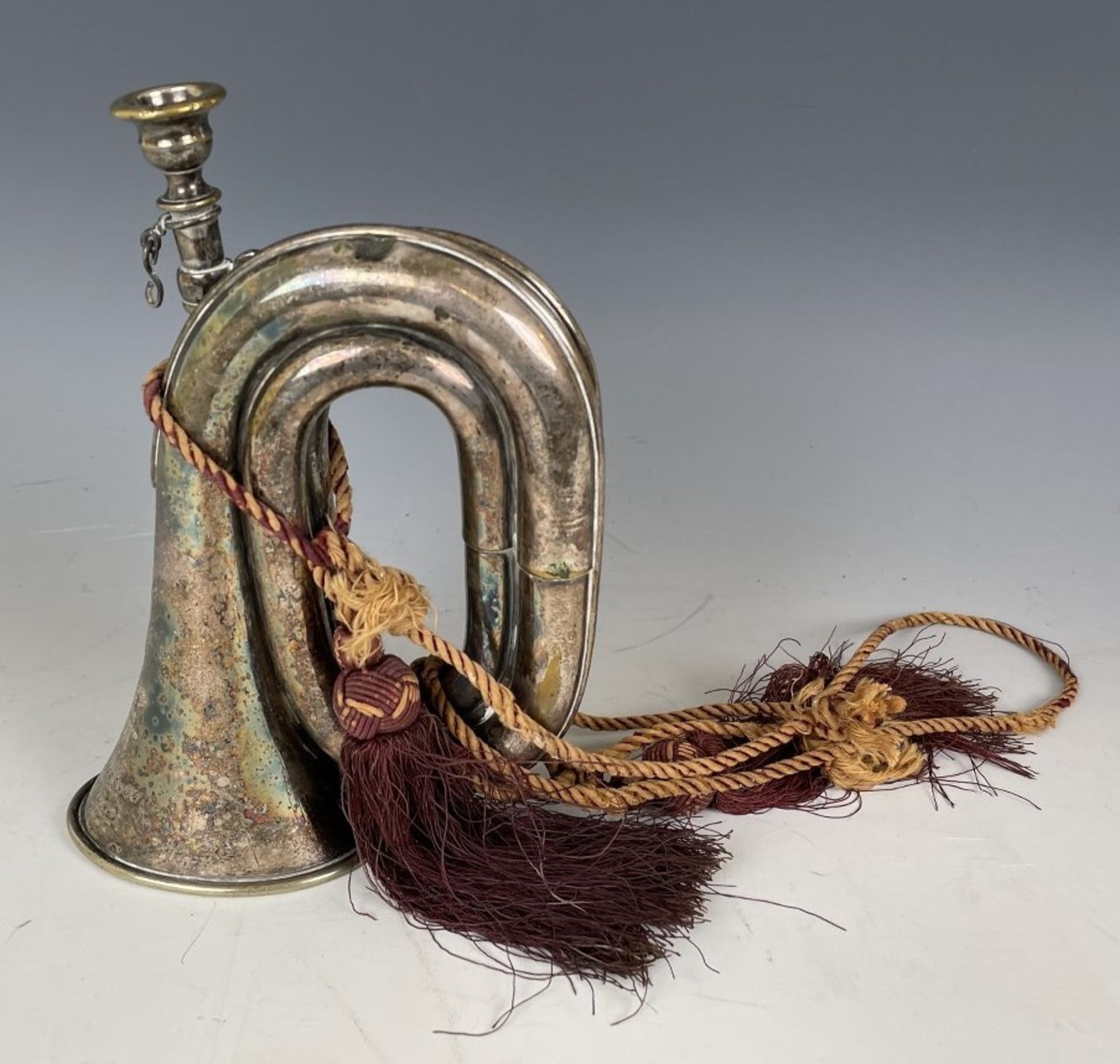 A Victorian silver plated bugle, Henry Keat & Sons, inscribed 'Presented by the Lewes Bicycle - Image 6 of 8