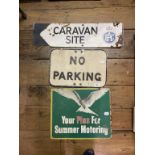 An enamel double sided finger sign, RAC Caravan Site, 16.5 x 56 cm, and aluminium No Parking sign,