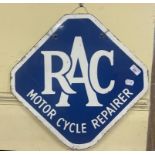 An unusual double sided enamel sign, RAC Motor Cycle Repairer, 49 x 50 cm One side faded and damaged