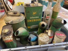 A group of assorted Castrol, other oil cans, bottles and jugs (box)