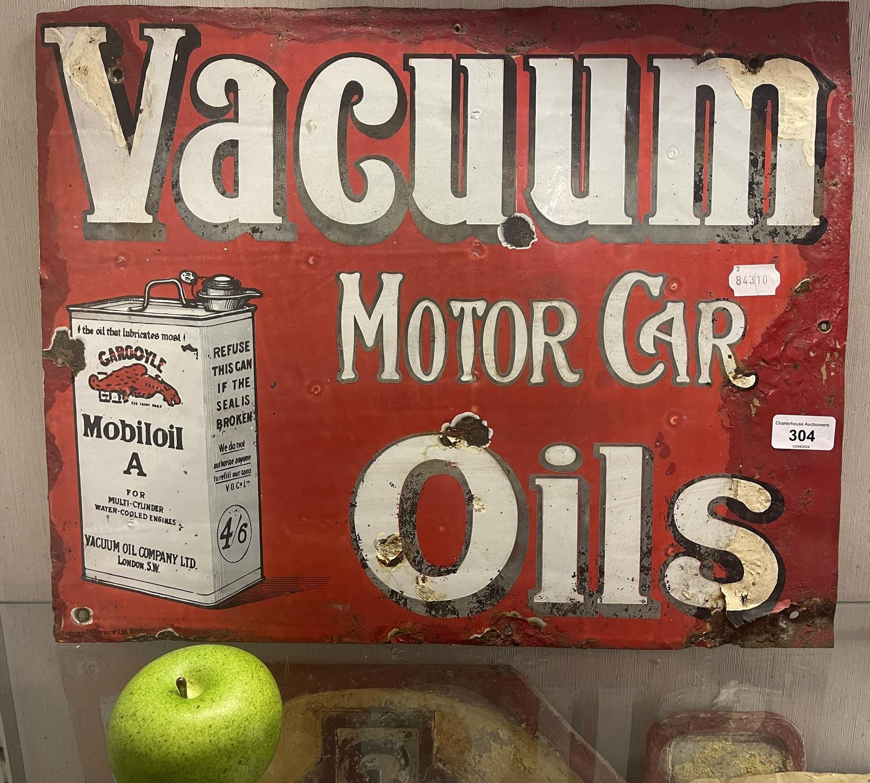 An enamel sign, Mobiloil Vacuum Motor Car Oils, 40.5 x 50.5 cm Some retouching, some surface rust