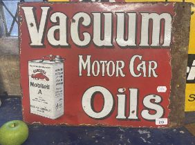 An enamel double sided sign, Mobiloil Vacuum Motor Car Oils, 40.5 x 54.5 cm Some loss, especially to