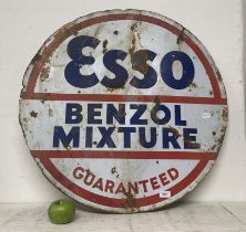 A double sided enamel sign, Esso Benzol Mixture Guaranteed, 76 cm wide Some loss, slightly bent,