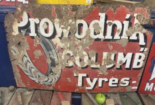 An enamel sign, Prowodnik Columb Tyres, 66 x 99 cm Generally poor condition