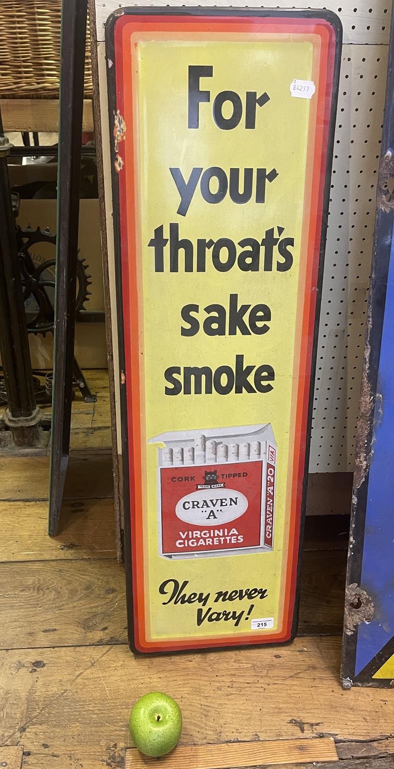 An enamel sign, For your throat's sake smoke Craven A, They never Vary!, 95 x 29 cm Some damage to