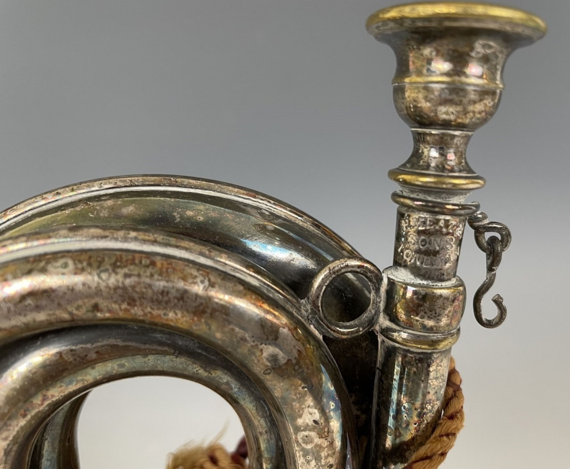 A Victorian silver plated bugle, Henry Keat & Sons, inscribed 'Presented by the Lewes Bicycle - Image 4 of 8