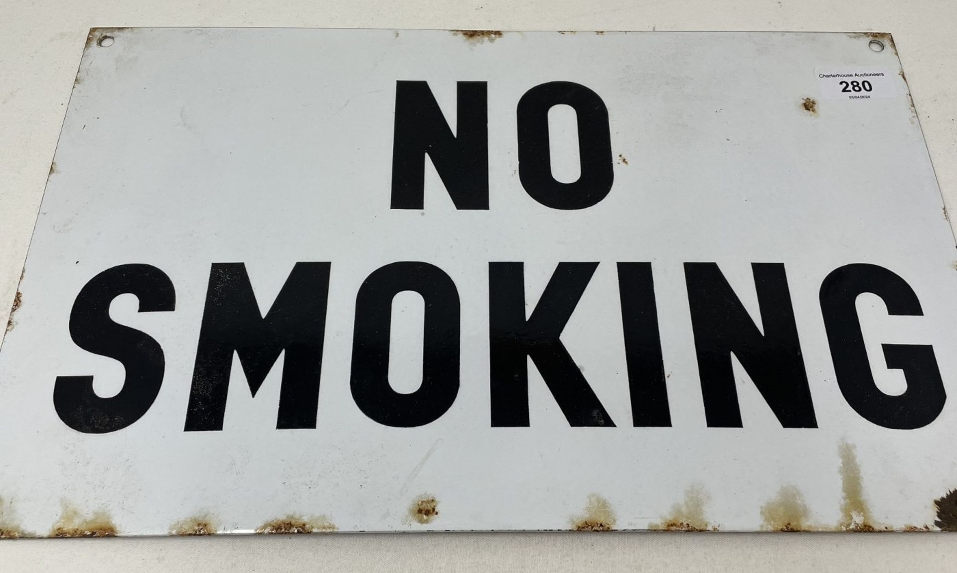 An enamel sign, No Smoking, 25.5 x 40.5 cm A little damage, mostly to the edges