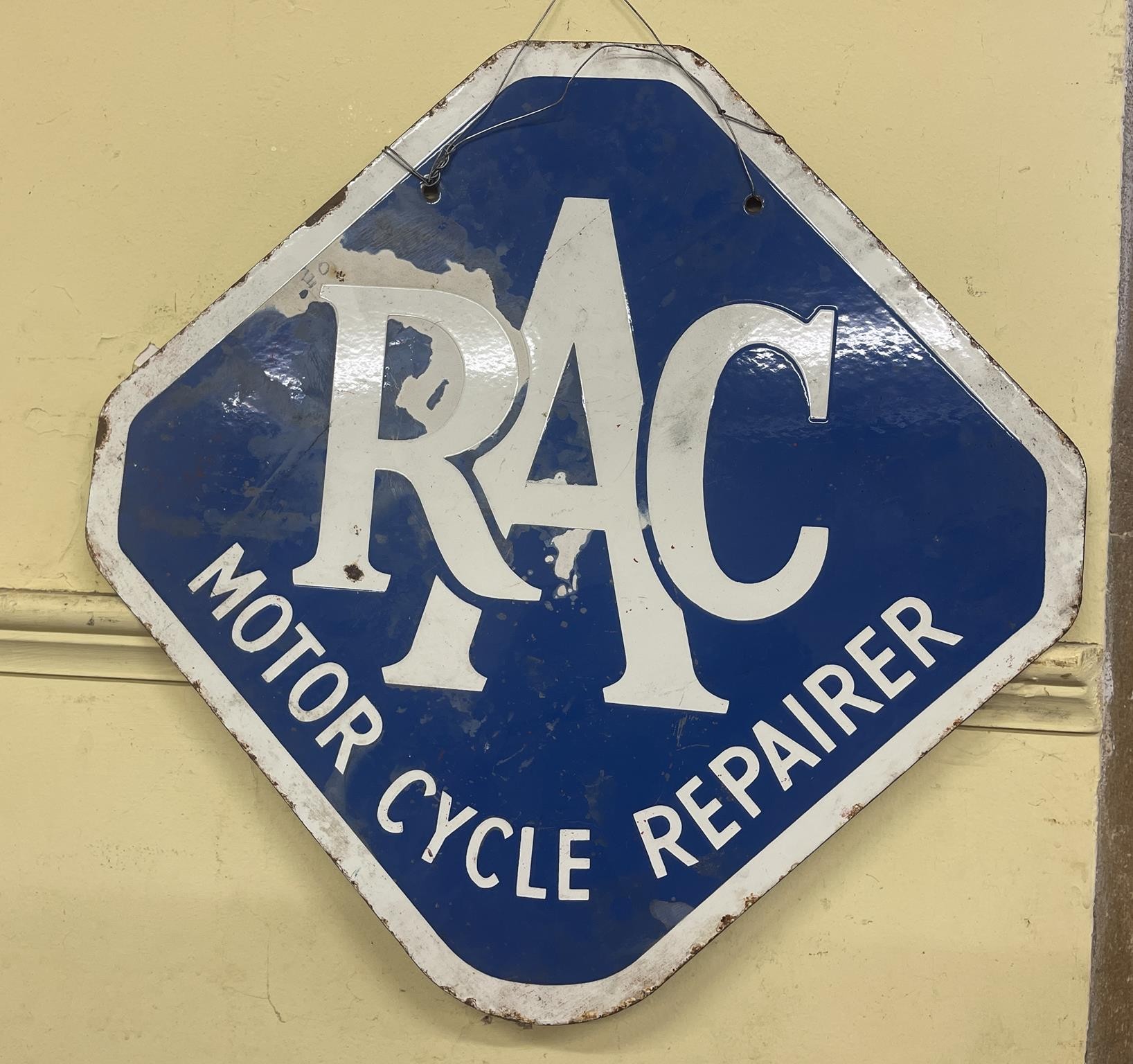 An unusual double sided enamel sign, RAC Motor Cycle Repairer, 49 x 50 cm One side faded and damaged - Image 2 of 2