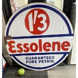 A double sided enamel sign, Essolene Guaranteed Pure Petrol 1'3, B.9/30, 76 cm diameter Some loss