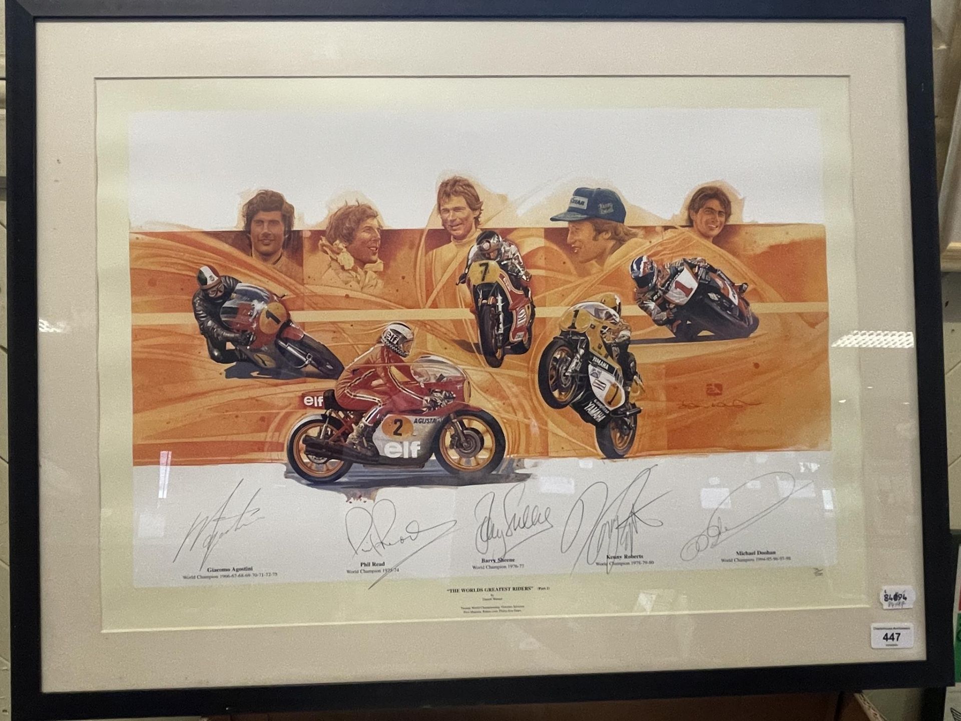 A Darrell Warner print, The Worlds Greatest Riders, Part 1, 79/500, signed by Agostini, Phil Read,