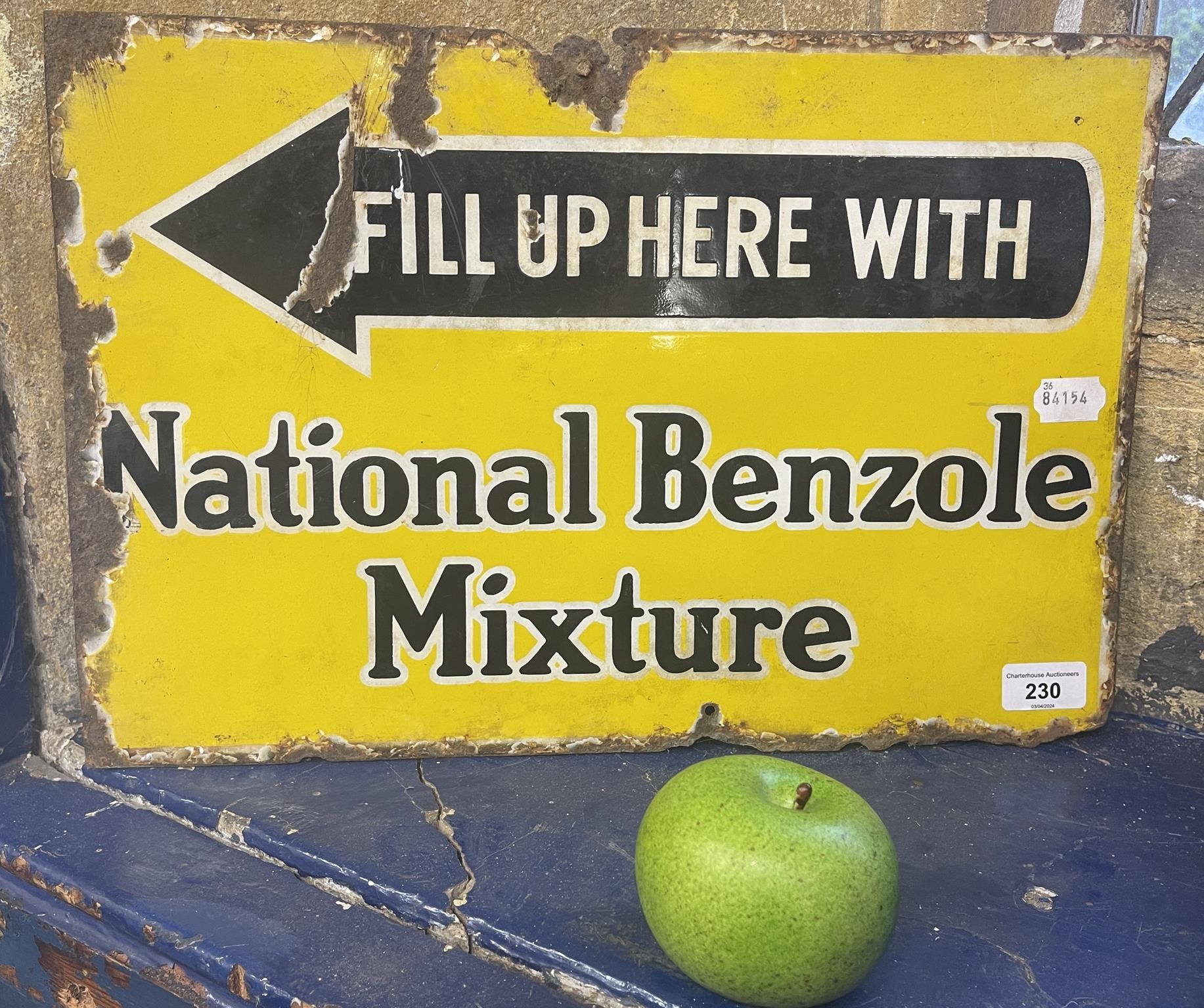 An enamel double sided sign, Fill up Here with National Benzol Mixture, 30 x 45.5 cm Some loss,
