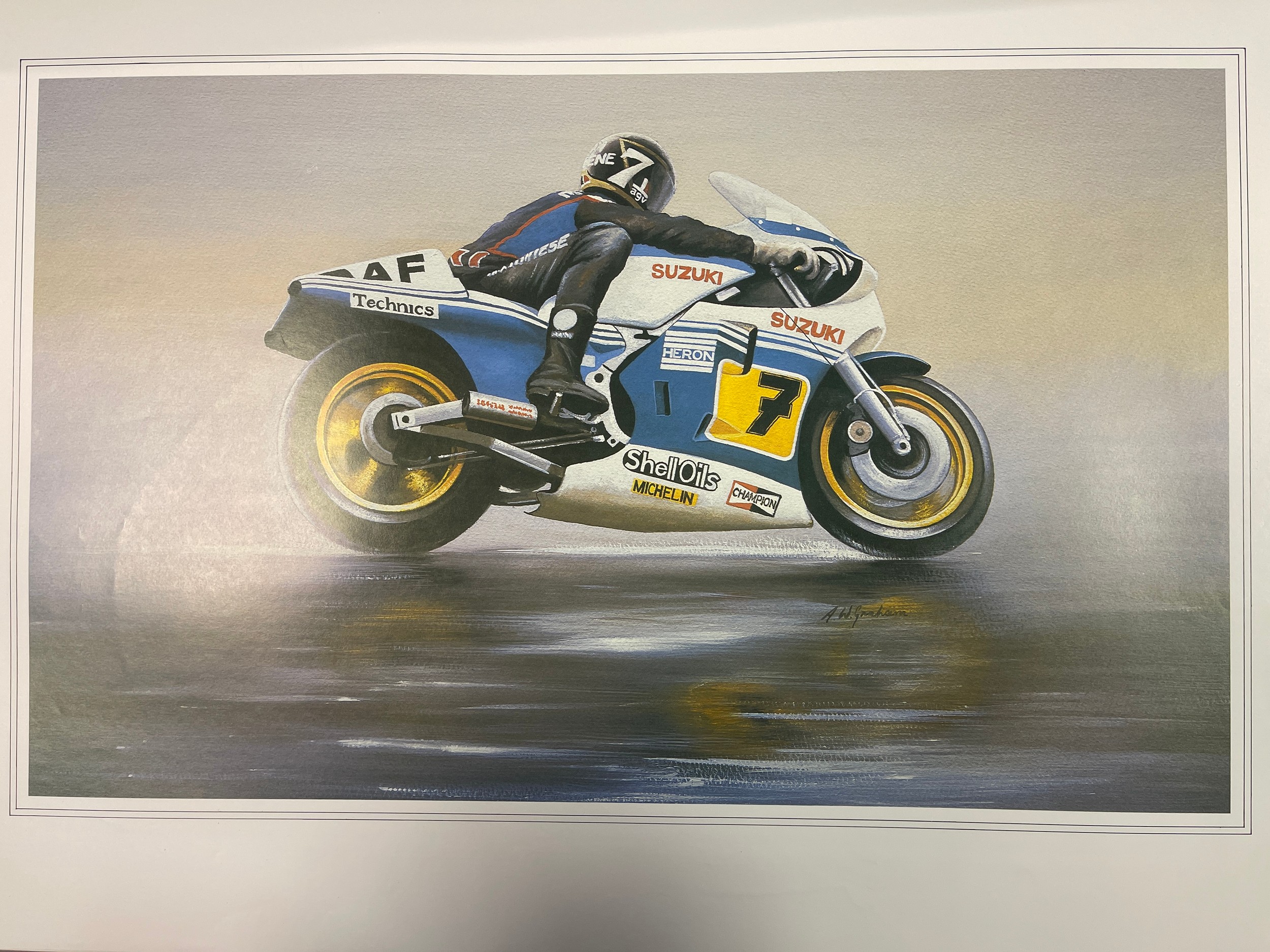 A group of prints by Steve Craner and Tony Graham, including Mick Grant on Suzuki, Barry Sheene on