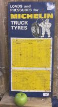 A metal sign, Michelin Truck Tyres Pressures, 63 x 30.5 cm, and another metal sign, Michelin Service