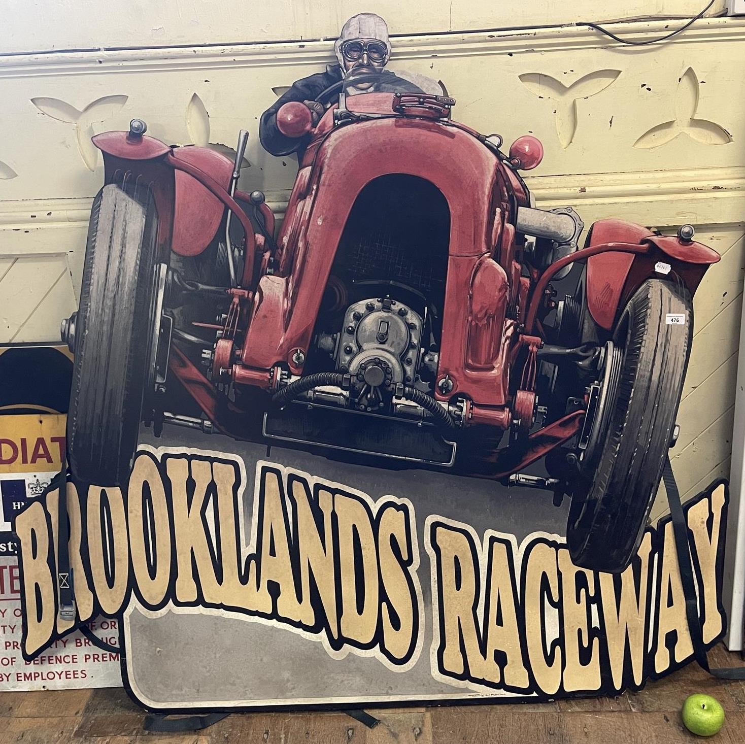 A large modern Brooklands Raceway painted wood sign, 150 cm wide