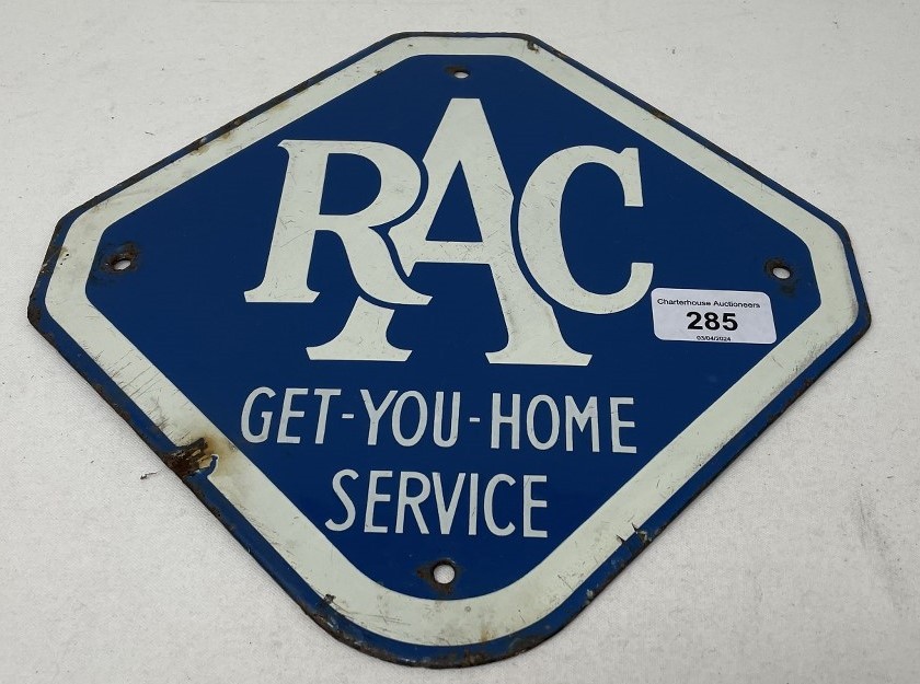 A small enamel sign, RAC Get-You-Home Service, 26.5 x 26.5 cm A few chips