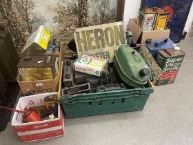 A large group of assorted oil, other cans, radios and automobilia Blue can Shell-Mex BP LTD