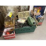 A large group of assorted oil, other cans, radios and automobilia Blue can Shell-Mex BP LTD