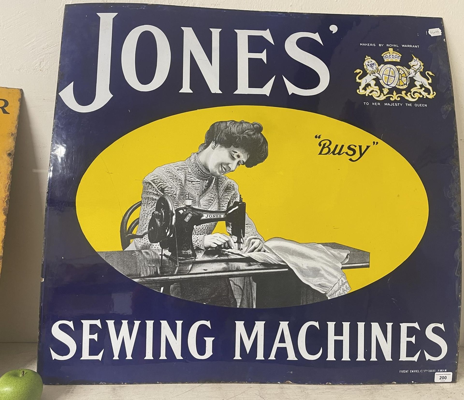 An enamel sign, Busy - Jones Sewing machines, 81 x 86.5 cm generally good, garage stored for 50 - Image 2 of 2