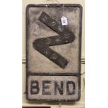 An early aluminium road sign, Bend, with reflective cats-eye inserts, 53 x 30.5 cm Looks to have