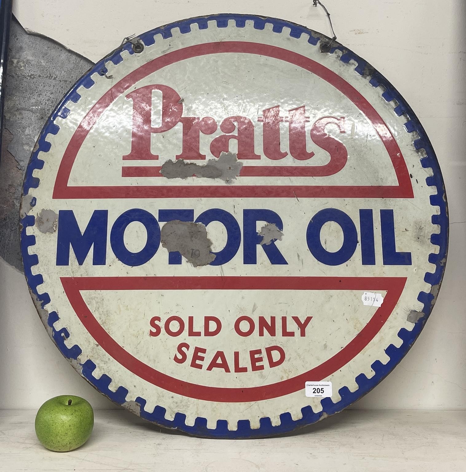 A double sided enamel sign, Pratts Motor Oil Sold Only Sealed, 65.5 cm diameter Some loss