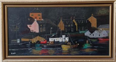 Sodie, a small port, mixed media on board, 28 x 58 cm