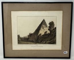 A print, Pyramids of Caius Cestius, 30 x 39 cm, its pair, and three other prints (5)
