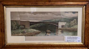 A 19th century print, Cast Iron Bridge Over The River Severn, 26 x 57 cm, in a birdseye maple frame