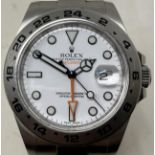 A gentleman's stainless steel Rolex Explorer II wristwatch, with a white dial, boxed, with a tag,