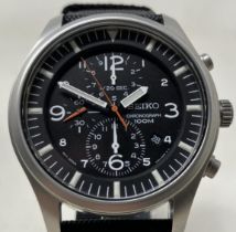 A gentleman's stainless steel Seiko Chronograph 100m wristwatch, on a fabric strap, boxed, with