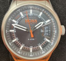 A gentleman's stainless steel Hugo Boss 'Boss Orange' 5 ATM wristwatch, boxed, with warranty booklet